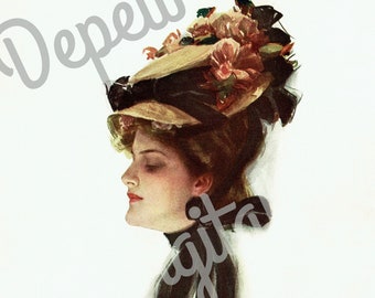 Digital Vintage Antique 1900s Harrison Fisher Woman with Hat Print  - Print at Home Decor - INSTANT DOWNLOAD