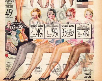 Digital Vintage Antique 1930s Stockings Lingerie Catalog Page Ad - Print at Home Decor - INSTANT DOWNLOAD