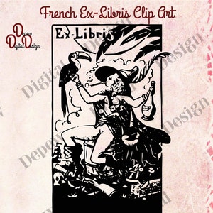 以下が含まれることがあります： 海賊のような人物がボトルを持ち、パイプを吸い、腕にオオハシがとまっている白黒のクリップアート。画像には「French Ex-Libris Clip Art」と「Ex-Libris」と書かれています。