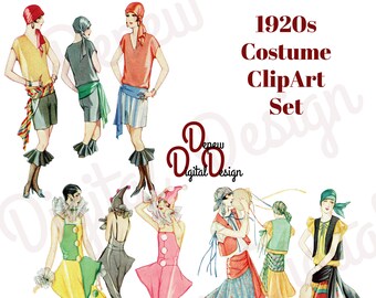 Digital Vintage 1920s Halloween Costume Party Clip Art Lady Pirate, Pierrette, and Romani- Graphic Design Package - INSTANT DOWNLOAD