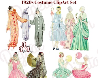 Digital Vintage 1920s Halloween Costume Party Clip Art Lady Clown, Shepherdess, Ballerina - Graphic Design Package - INSTANT DOWNLOAD