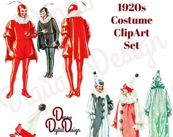 Digital Vintage 1920s Halloween Costume Party Clip Art Devil, Mephisto, and Clowns- Graphic Design Package - INSTANT DOWNLOAD