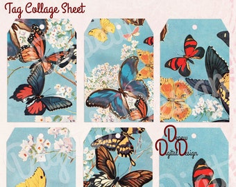 Digital Vintage Antique Butterfly Gift Tags Collage Sheet- Print at Home - INSTANT DOWNLOAD