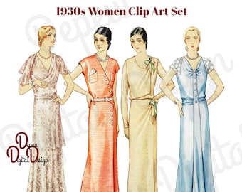 Digital Vintage 1930s Fashion Print Women in Dresses Models Clip Art - Graphic Design Package - INSTANT DOWNLOAD