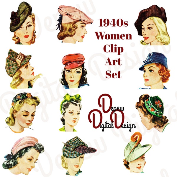 Digital Vintage 1940s Fashion Print Women in Hats Models Clip Art from WWII- Graphic Design Package - INSTANT DOWNLOAD