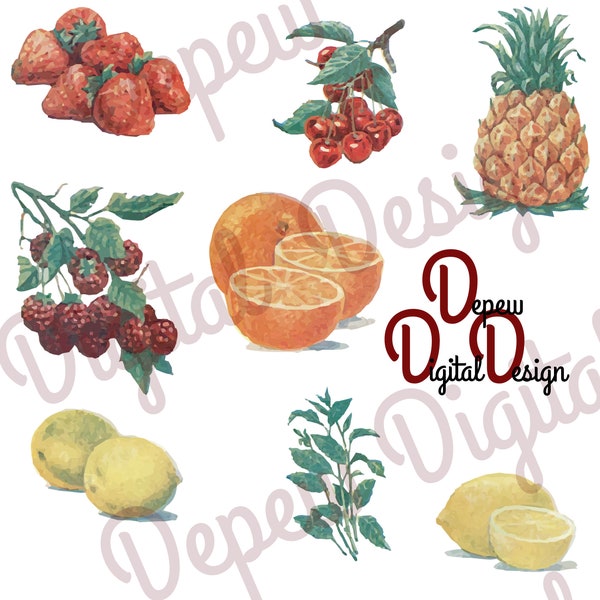 Digitale Vintage voedsel illustratie Fruit & Mint illustraties - afdrukken thuis Decor - INSTANT DOWNLOAD