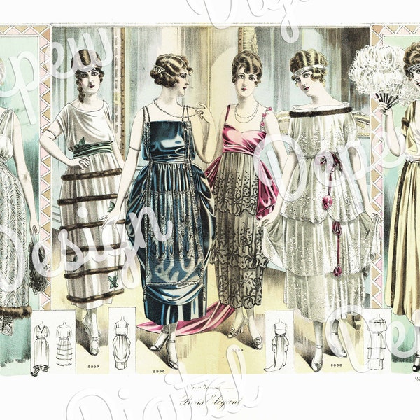 Digital Large Vintage Antique 1910s Fashion Print Evening Gown Fashion Plate Centerfold - Print at Home Decor - INSTANT DOWNLOAD