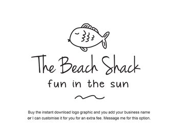 May include: Black and white line art logo design of a fish with the text "The Beach Shack fun in the sun".