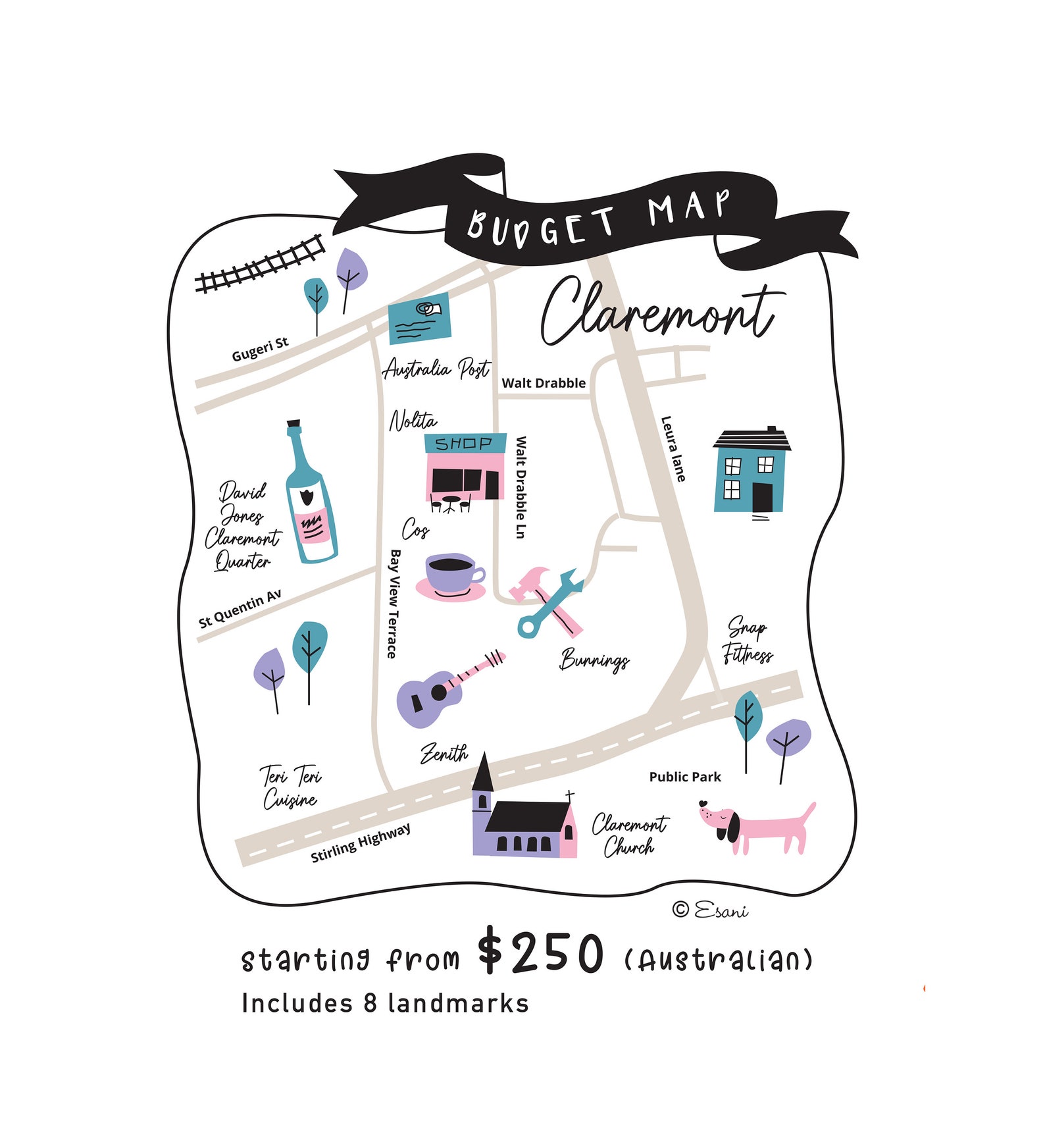 Map, Budget Map, Simple Map, Custom Map, Map Illustration, Hand Drawn ...