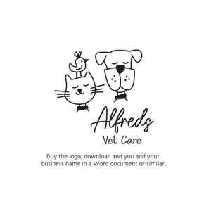 Könnte beinhalten: Schwarzweißes Linienlogo für eine Tierarztpraxis namens "Alfreds Vet Care". Das Logo zeigt eine Katze, einen Hund und einen Vogel.