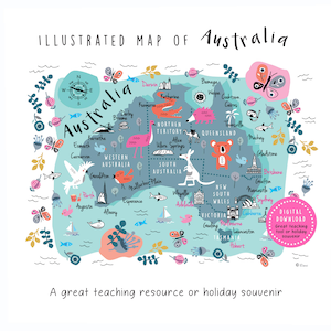 Mapa de Australia ilustrado, mapa didáctico de Australia, herramienta educativa, mapa de recuerdo de vacaciones, gráficos de mapas, mapa de descarga digital.
