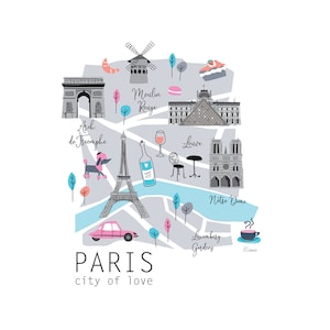 Mapa ilustrado de París, mapa de recuerdos turísticos de París, mapa lindo de París, ilustración del mapa, mapa del dibujo de París, mapas personalizados, mapa, París.