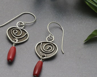Red Coral Silver Earrings