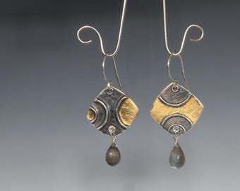 Silver Gold Black Labradorite Drop Earrings