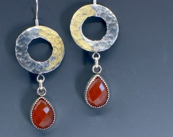 Silver Gold and Garnet Textured Lightweight Earrings