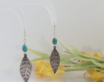 Long Silver Leaf  and Turquoise Earrings