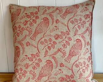 Handprinted Linen 16” Cushion - red 'Tuvi' pattern on natural linen -  includes feather filled cushion pad
