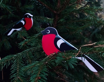 Set of 6 bird Christmas tree ornaments, laser cut Bullfinch decorations
