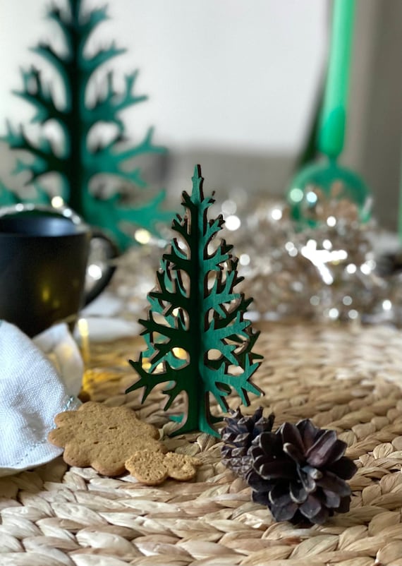 Adorable 15 cm Pocket-Sized Holiday Tree - Eco-Friendly and Unique! Postcard size laser-cut plywood tabletop tree, suitable for dollhouse