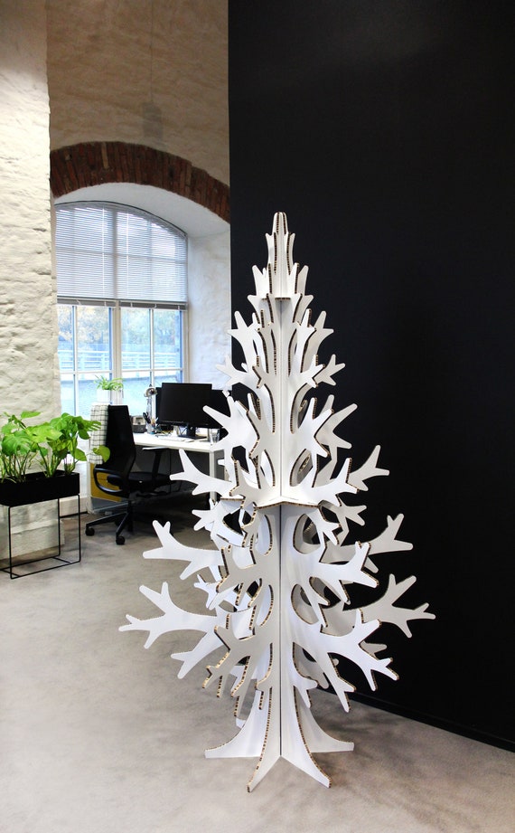 Tall white cardboard Christmas tree, modern Scandinavian holiday decoration, minimalist home and office decor 2m / 6,56 ft