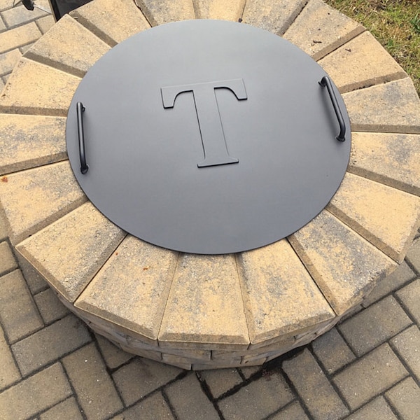 Round Fire Pit Lid with 10" Letter and 2 Handles made of 1/2" Steel Rod for Easy Lifting | Size 24"- 50" | Flat 1/8" thick steel |