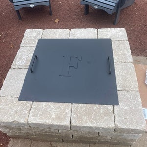Square Fire Pit Lid with two sturdy handles for lifting and a 10" center Accent Letter | Firepit Cover with Letter | Firepit Lid |