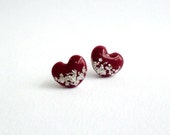Burgundy red heart studs- Delicate hypoallergic post earrings