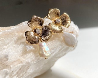 Elain Earrings Gold, Flower Pearl Dangle Earring, Rose Drop Jewelry, Freshwater pearl, Wedding Jewellery, Bride, Bridal Accessories