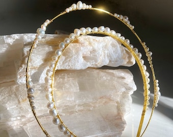 Catherine The Great Halo, Gold Pearls Headband, Bridal Hair, White Pearl, Wedding Tiara, Pearl Crown