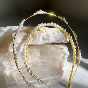 Catherine The Great Halo, Gold Pearls Headband, Bridal Hair, White Pearl, Wedding Tiara, Pearl Crown