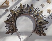 Akasha Halo, Black Sunburst Headband, Gothic Crown, Antique Dark Hairband, Met Gala, Zip Tie, October Bride, Halloween Wedding,Bachelorette
