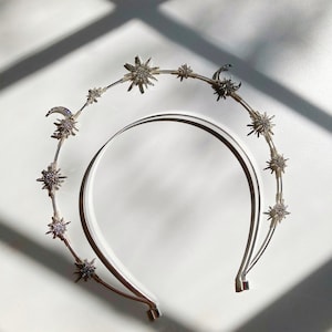Moonrise Halo Silver, Diadema plateada de luna y estrella, Corona de constelación, Diadema de María, Galaxia, Boda, Novia, Despedida de soltera, Banda doble