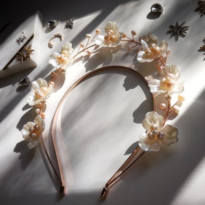 Cherry Blossom Halo, Rose Gold Hairband, Bridal Headband, Pink Pearl, Ivory Flower, Bridal, Wedding, Bachelorette, Flower Crown, Bride Hair