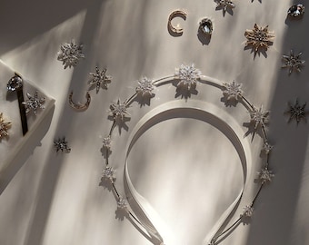 Astrónomo de plata, halo de estrella de plata, diadema, banda de pelo de la estrella, corona de la estrella, halo de oro, festival, novia, boda, soltera