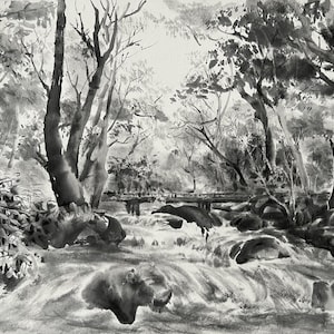 Lighthouse in Storm Black and White Ink Painting Landscape