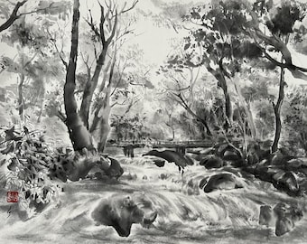Forest River Ink Painting: Sumi-e Landscape Art (18x31) - Etsy