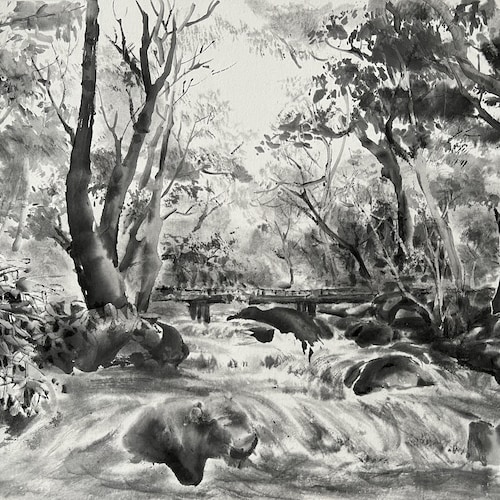 Forest River Ink Painting: Sumi E Landscape Art - Etsy