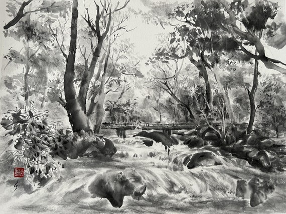 墨絵　Sumi-e a painting in black ＆white Forest River Black and White Ink Painting Landscape Handmade