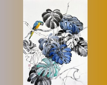 Сurious blue Macaw Parrot among monstera leaves Japanese gift, Tropical art,  Japanese Ink Painting, Sumi-e  ink