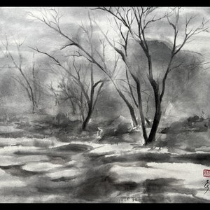 Βank of the river in winter Black and White Ink Painting Landscape Handmade Japanese art Sumi-e black ink Asian painting