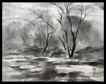 墨絵川の風景画：日本の水墨画 - Etsy 日本