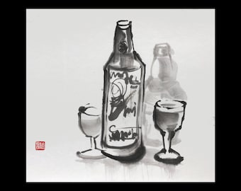 black and white art  Bottles and glasses small, Japanese gift, Japanese Ink Painting, Sumi-e black ink, Asian art, Handmade paper