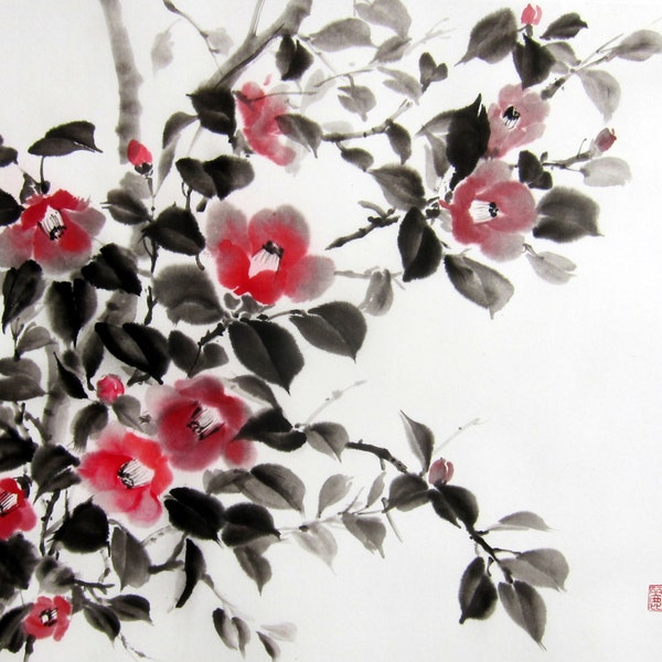 Ink Painting Japanese art Ink art  Asian art Sumi-e Suibokuga  Rice paper, Large 23x18 inch Japanese Camellia