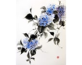 Japanese Ink Painting Ink art Suibokuga Sumi-e Asian art Japanese art Rice paper painting Blue Hydrangea
