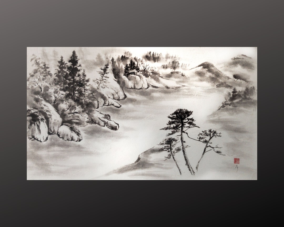 墨絵　Sumi-e a painting in black ＆white Forest River Black and White Ink Painting Landscape Handmade