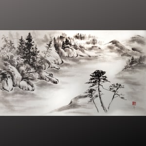 Pittura a inchiostro in bianco e nero Paesaggio montano Arte giapponese fatta a mano Pittura asiatica con inchiostro nero Sumi-e Arte di grandi dimensioni
