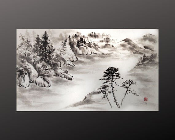 Sumi-e Mountain Landscape Painting: Handmade Japanese Ink