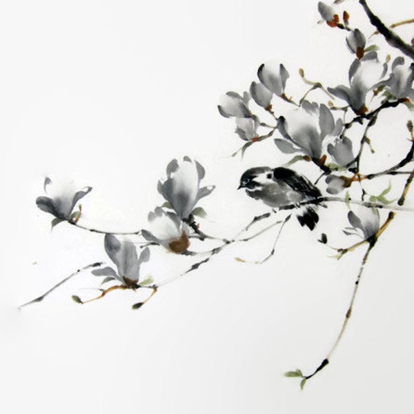 Japanese Ink Painting Ink art  Asian art Sumi-e Suibokuga Flower and Birds painting Rice paper Large 17x27 inch A bird and magnolia