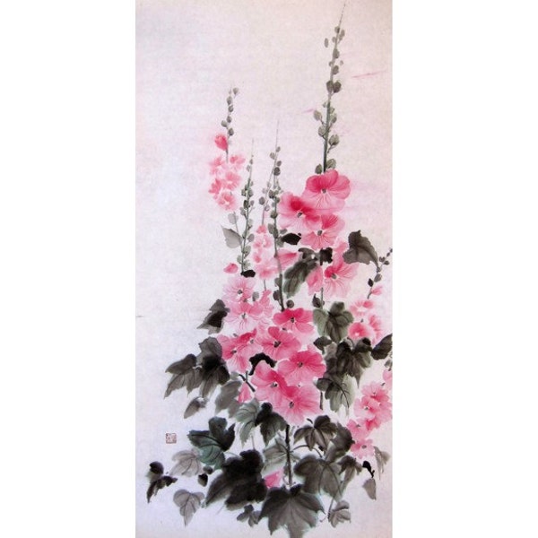 Japanische Tinte Malerei, Gemälde, Sumi-e, Suibokuga, große Gemälde, Rosa, Blumen, Stockrose Reispapier