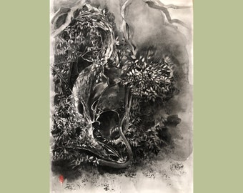 black and white art Old Wisteria, Japanese Ink Painting, Sumi-e black ink, Japanese art, Asian art, Handmade painting